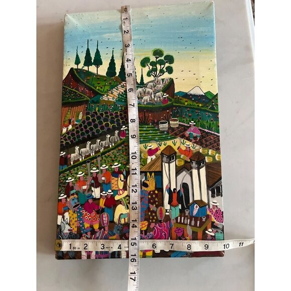 Vintage Alberto Vega Peruvian Folk Art Animal Hide Painting Bright Mid Century - Picture 9 of 11